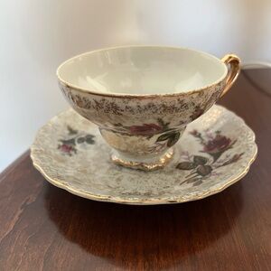 Vintage floral tea, cup, and saucer set red roses, gold accents, and gold trim